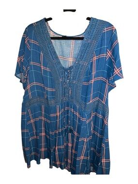 Torrid 2X 18/20 Crinkle Gauze Crochet Inset Lace Up Top Plaid Blue Babydoll